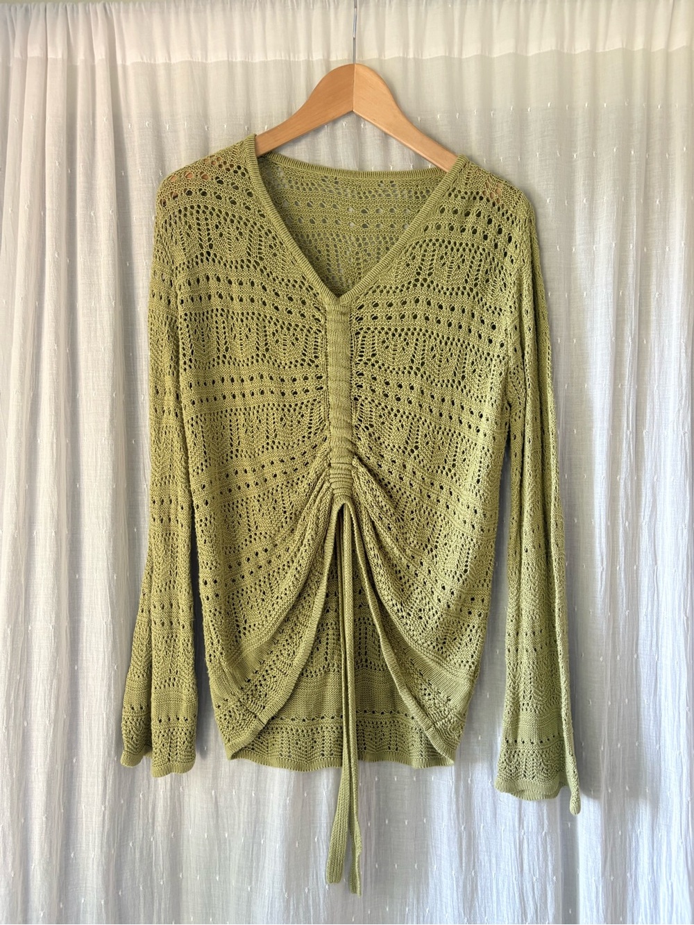 Ruched V-Neck Knit Sweater in Olive Green